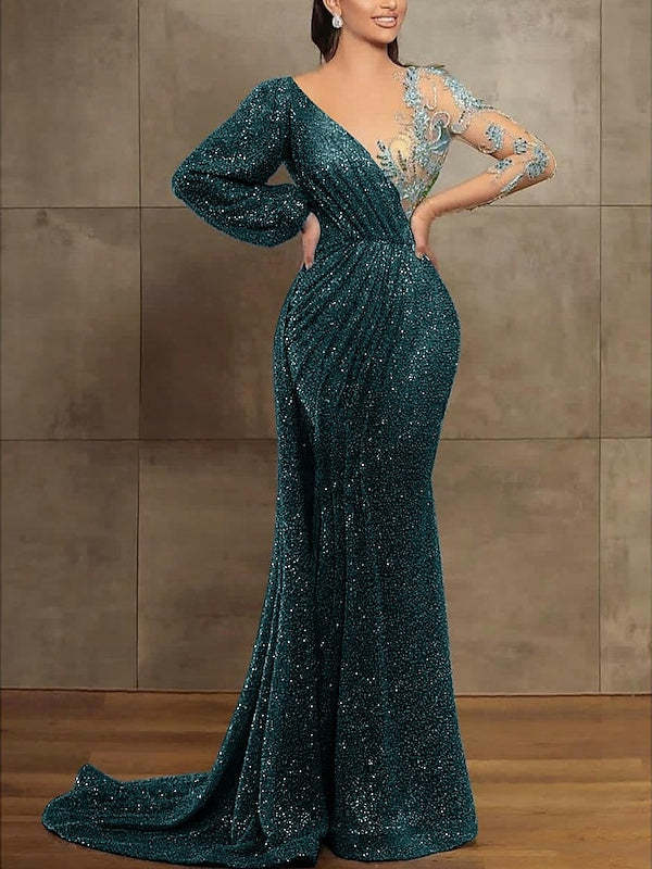 Long Sleeve Illusion Neck Evening Dress with Sequins & Pleats in Trumpet/Mermaid Style