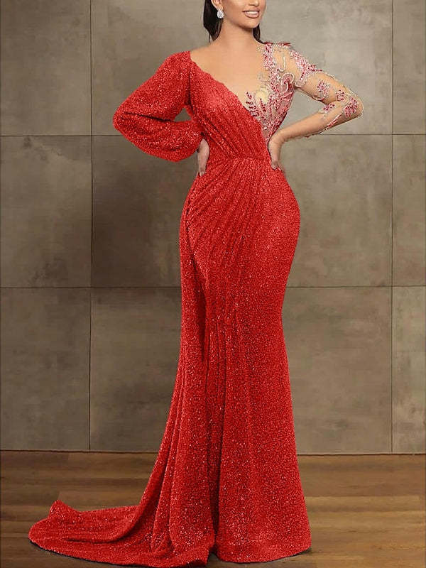 Long Sleeve Illusion Neck Evening Dress with Sequins & Pleats in Trumpet/Mermaid Style