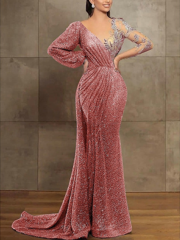 Long Sleeve Illusion Neck Evening Dress with Sequins & Pleats in Trumpet/Mermaid Style