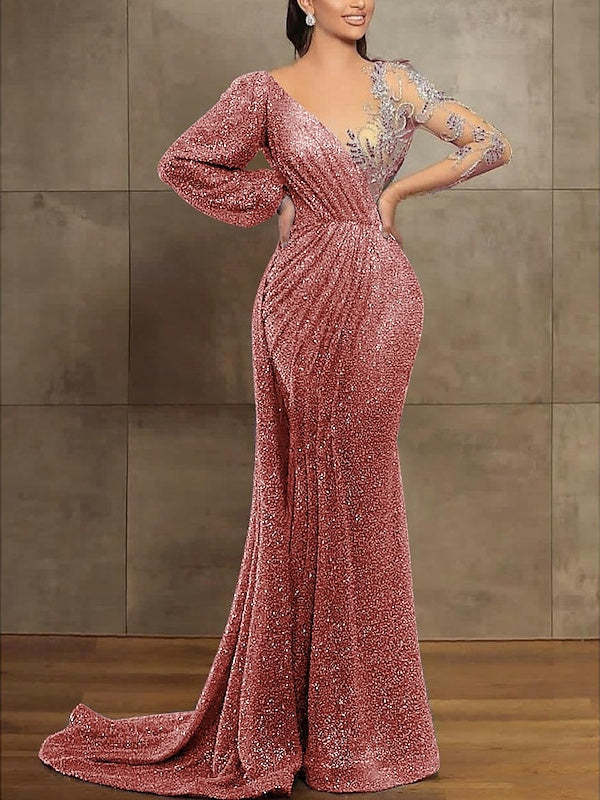 Long Sleeve Illusion Neck Evening Dress with Sequins & Pleats in Trumpet/Mermaid Style