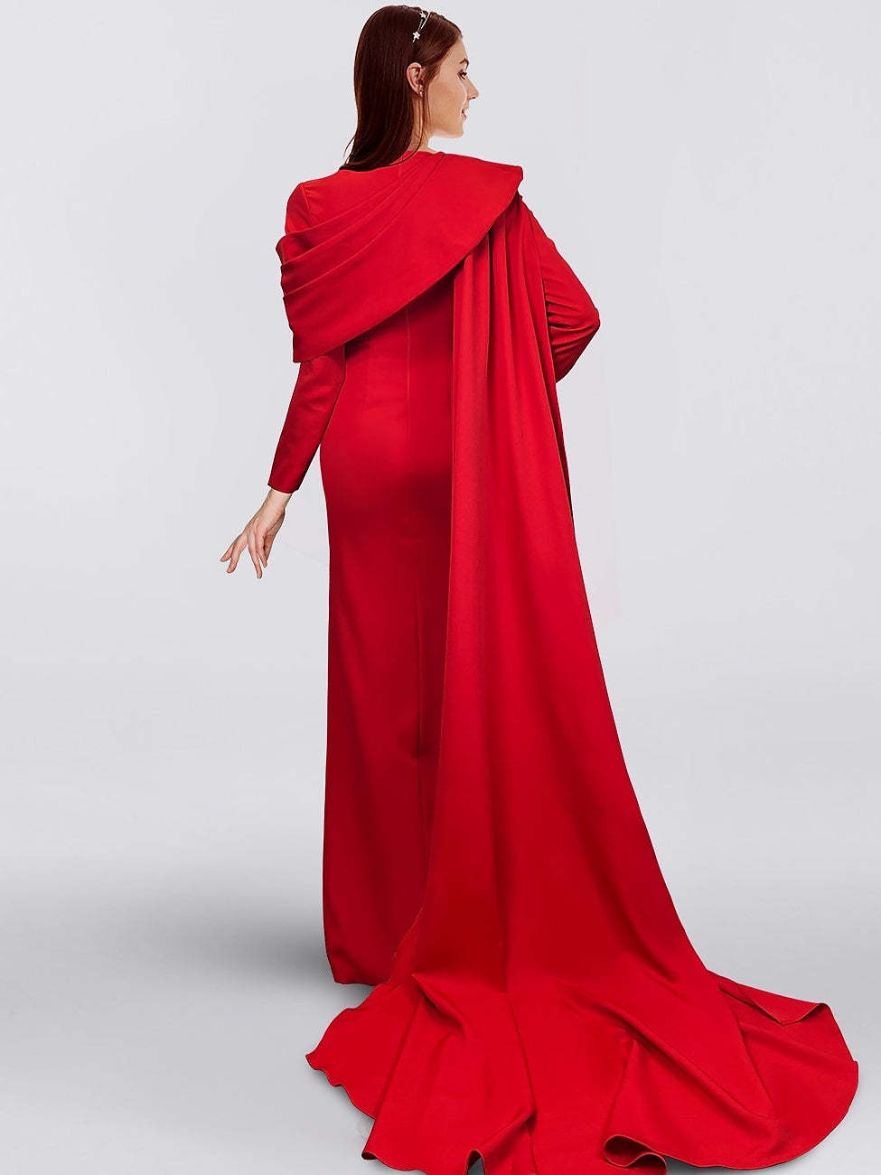 Floor-Length Cowl Neck Evening Dress with Long Sleeves Side Split & Buttons