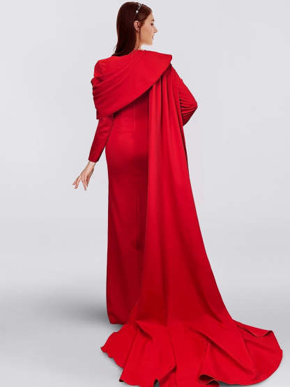 Floor-Length Cowl Neck Evening Dress with Long Sleeves Side Split & Buttons