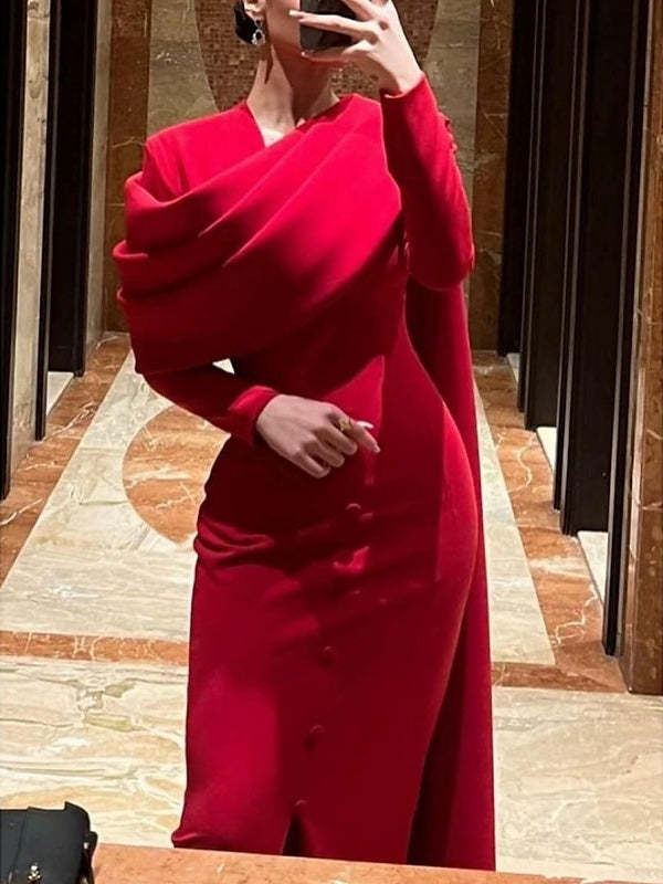 Floor-Length Cowl Neck Evening Dress with Long Sleeves Side Split & Buttons