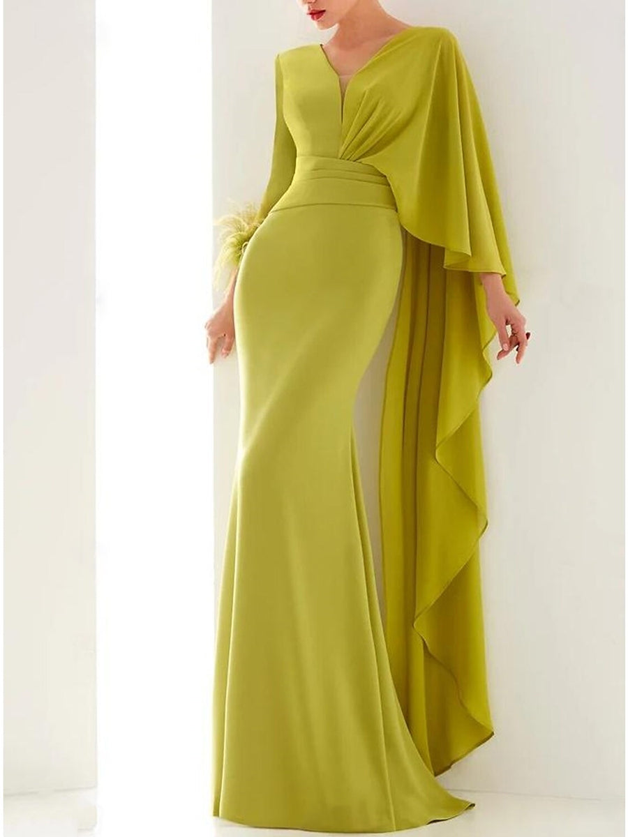 Evening Dresses with Feather Ruffles & Ruched - Trumpet/Mermaid V-Neck Long Sleeves Floor-Length