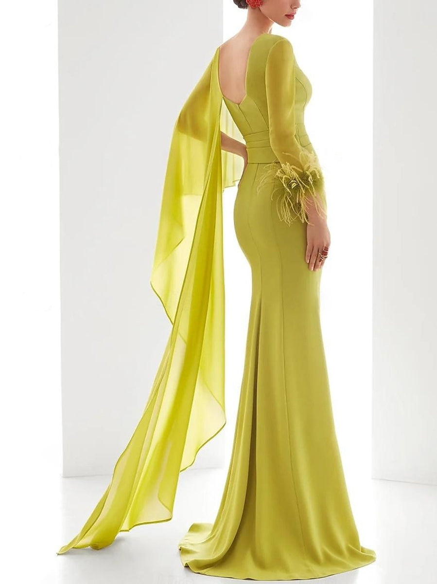 Evening Dresses with Feather Ruffles & Ruched - Trumpet/Mermaid V-Neck Long Sleeves Floor-Length
