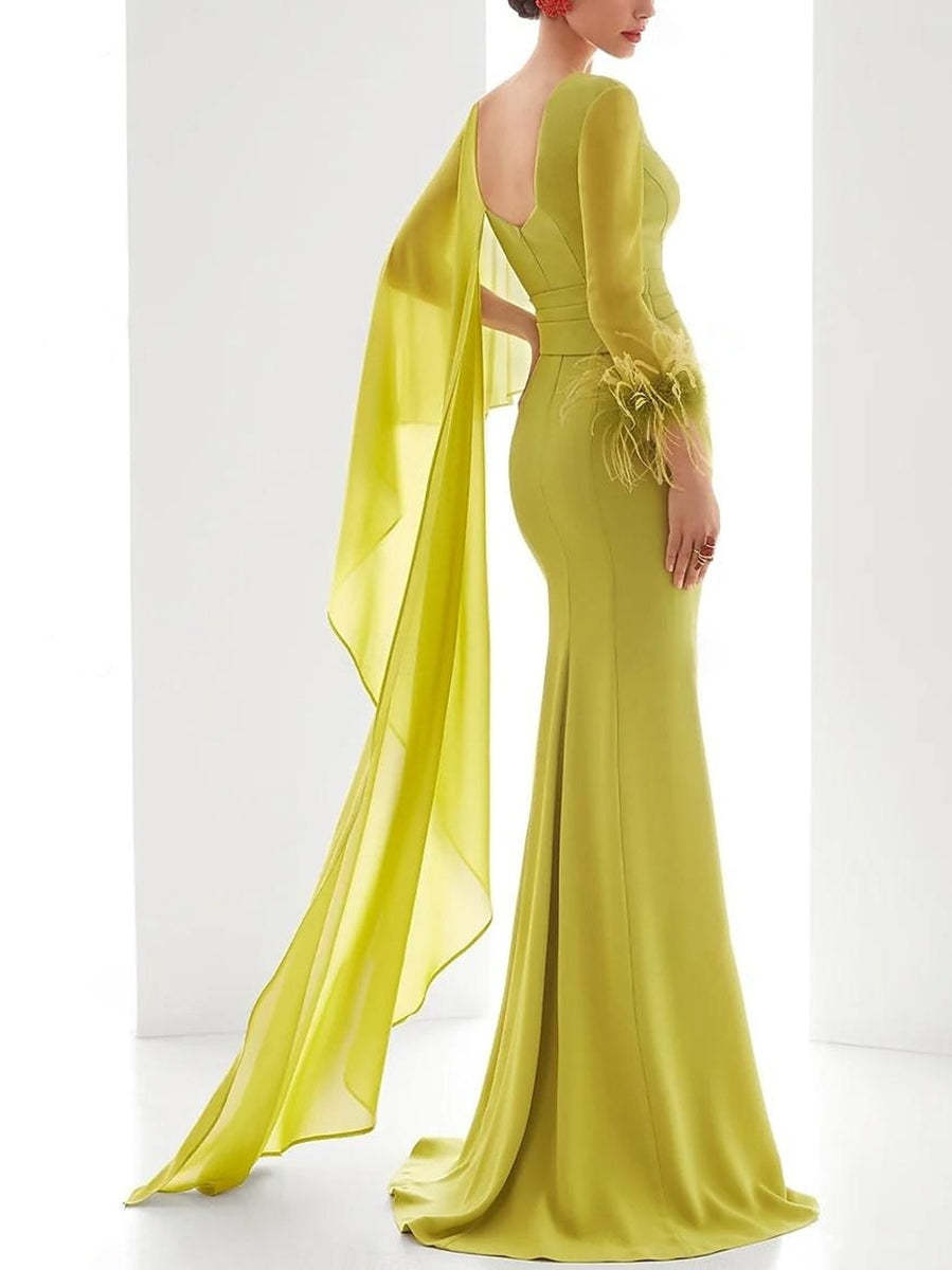 Evening Dresses with Feather Ruffles & Ruched - Trumpet/Mermaid V-Neck Long Sleeves Floor-Length
