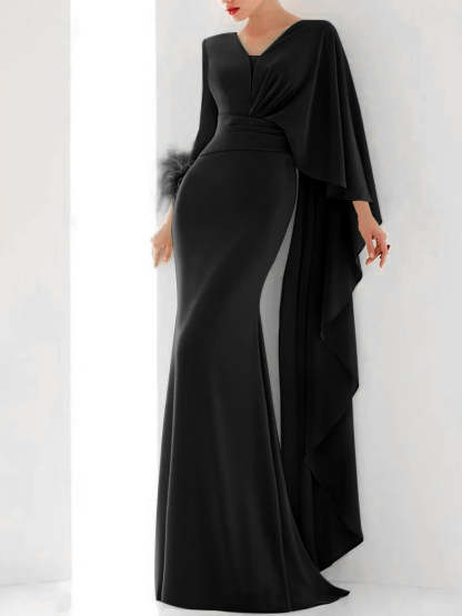 Evening Dresses with Feather Ruffles & Ruched - Trumpet/Mermaid V-Neck Long Sleeves Floor-Length