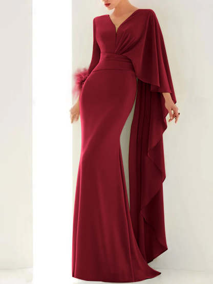 Evening Dresses with Feather Ruffles & Ruched - Trumpet/Mermaid V-Neck Long Sleeves Floor-Length