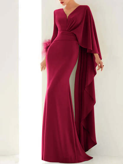 Evening Dresses with Feather Ruffles & Ruched - Trumpet/Mermaid V-Neck Long Sleeves Floor-Length