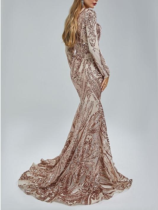Evening Dresses with Sequin in Trumpet/Mermaid V-Neck Long Sleeves Floor-Length Style