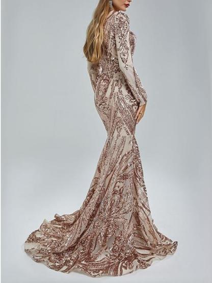 Evening Dresses with Sequin in Trumpet/Mermaid V-Neck Long Sleeves Floor-Length Style