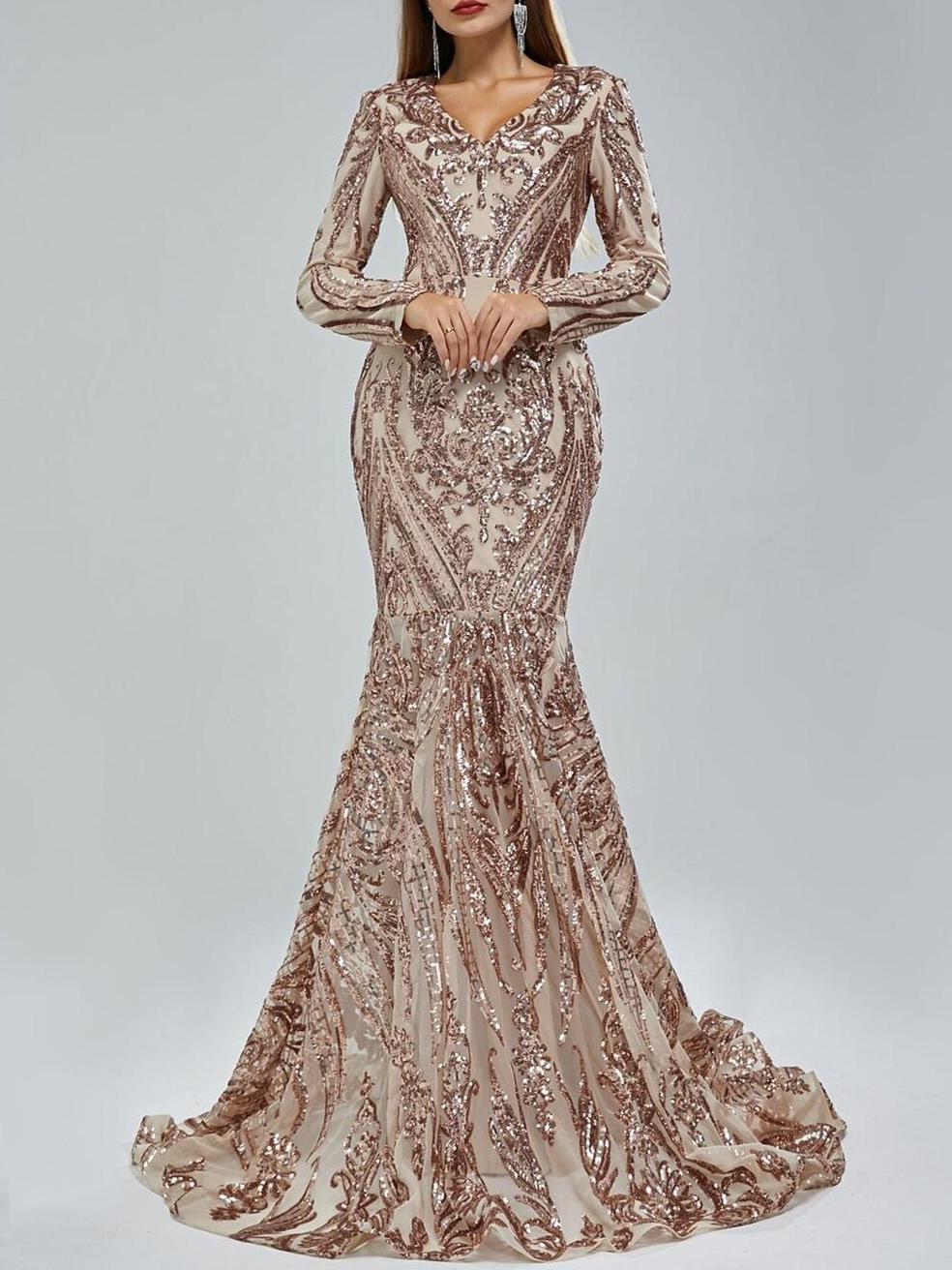 Evening Dresses with Sequin in Trumpet/Mermaid V-Neck Long Sleeves Floor-Length Style