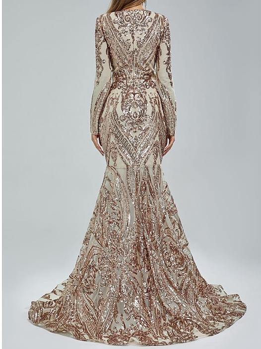 Evening Dresses with Sequin in Trumpet/Mermaid V-Neck Long Sleeves Floor-Length Style