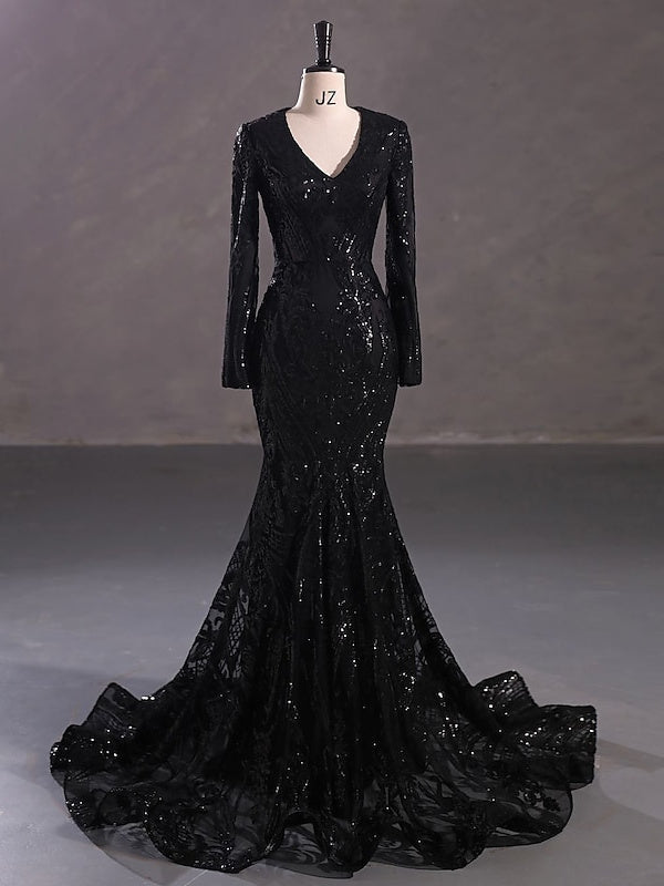 Evening Dresses with Sequin in Trumpet/Mermaid V-Neck Long Sleeves Floor-Length Style