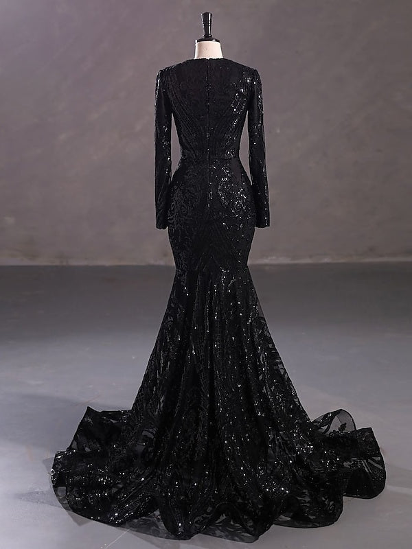 Evening Dresses with Sequin in Trumpet/Mermaid V-Neck Long Sleeves Floor-Length Style