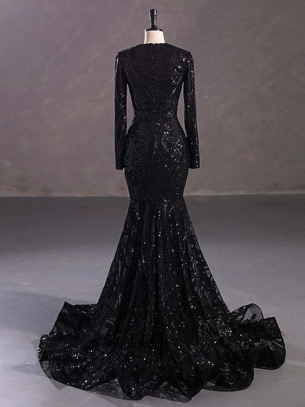 Evening Dresses with Sequin in Trumpet/Mermaid V-Neck Long Sleeves Floor-Length Style