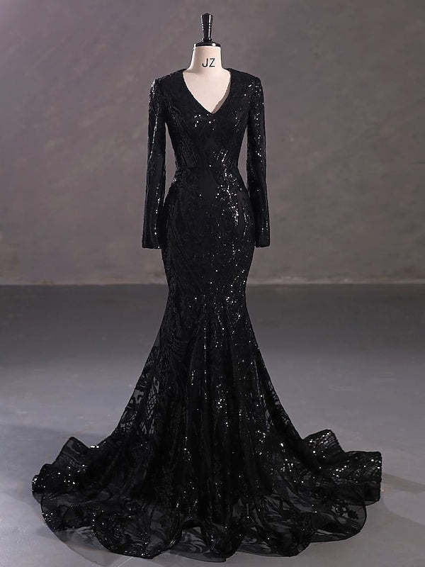 Evening Dresses with Sequin in Trumpet/Mermaid V-Neck Long Sleeves Floor-Length Style