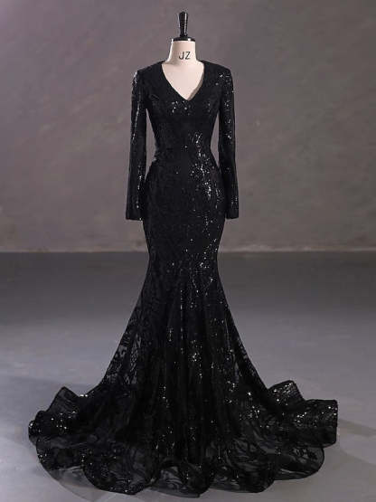 Evening Dresses with Sequin in Trumpet/Mermaid V-Neck Long Sleeves Floor-Length Style
