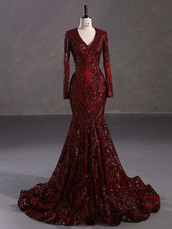 Evening Dresses with Sequin in Trumpet/Mermaid V-Neck Long Sleeves Floor-Length Style