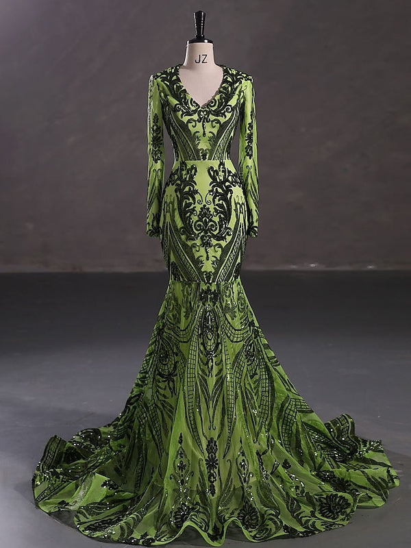 Evening Dresses with Sequin in Trumpet/Mermaid V-Neck Long Sleeves Floor-Length Style