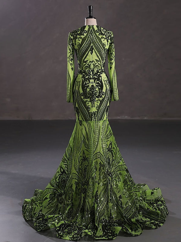 Evening Dresses with Sequin in Trumpet/Mermaid V-Neck Long Sleeves Floor-Length Style