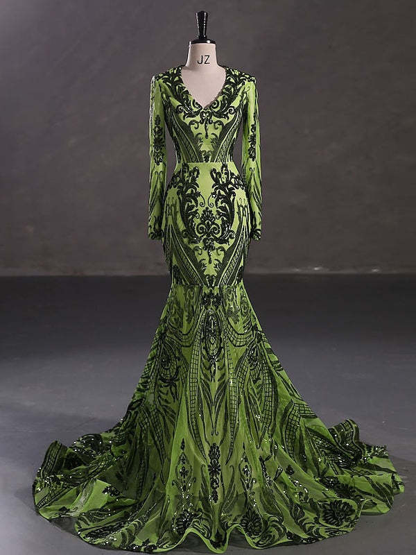 Evening Dresses with Sequin in Trumpet/Mermaid V-Neck Long Sleeves Floor-Length Style