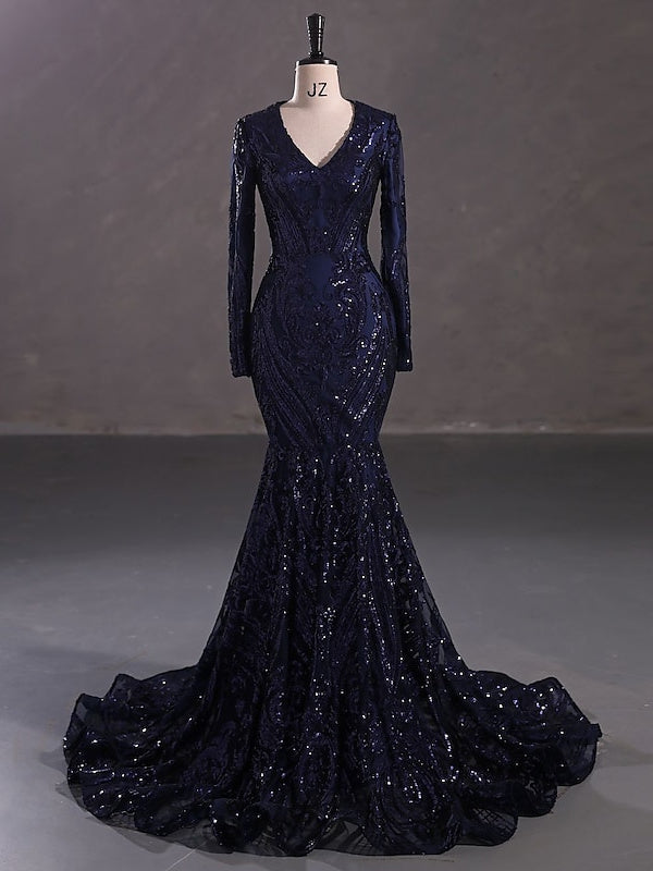 Evening Dresses with Sequin in Trumpet/Mermaid V-Neck Long Sleeves Floor-Length Style