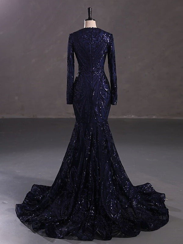 Evening Dresses with Sequin in Trumpet/Mermaid V-Neck Long Sleeves Floor-Length Style