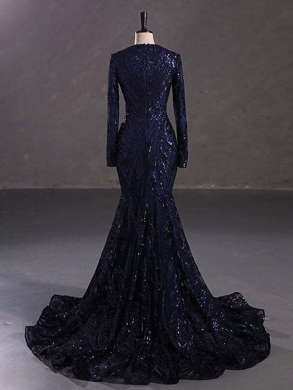 Evening Dresses with Sequin in Trumpet/Mermaid V-Neck Long Sleeves Floor-Length Style
