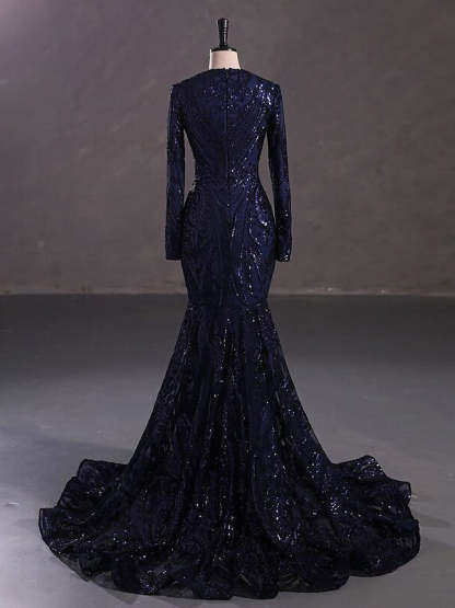 Evening Dresses with Sequin in Trumpet/Mermaid V-Neck Long Sleeves Floor-Length Style