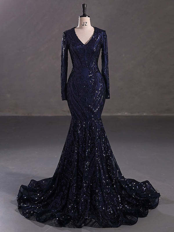 Evening Dresses with Sequin in Trumpet/Mermaid V-Neck Long Sleeves Floor-Length Style