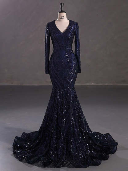 Evening Dresses with Sequin in Trumpet/Mermaid V-Neck Long Sleeves Floor-Length Style