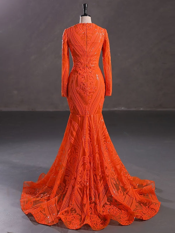 Evening Dresses with Sequin in Trumpet/Mermaid V-Neck Long Sleeves Floor-Length Style