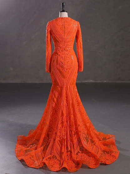 Evening Dresses with Sequin in Trumpet/Mermaid V-Neck Long Sleeves Floor-Length Style