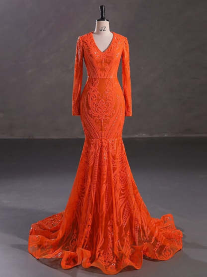 Evening Dresses with Sequin in Trumpet/Mermaid V-Neck Long Sleeves Floor-Length Style