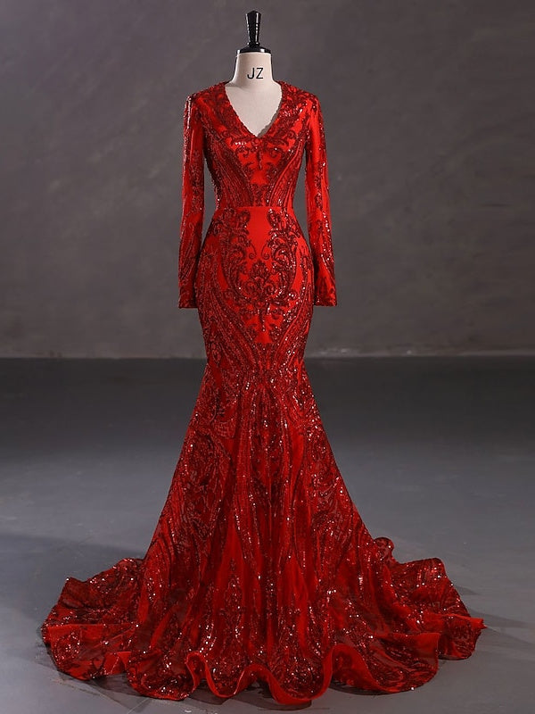 Evening Dresses with Sequin in Trumpet/Mermaid V-Neck Long Sleeves Floor-Length Style