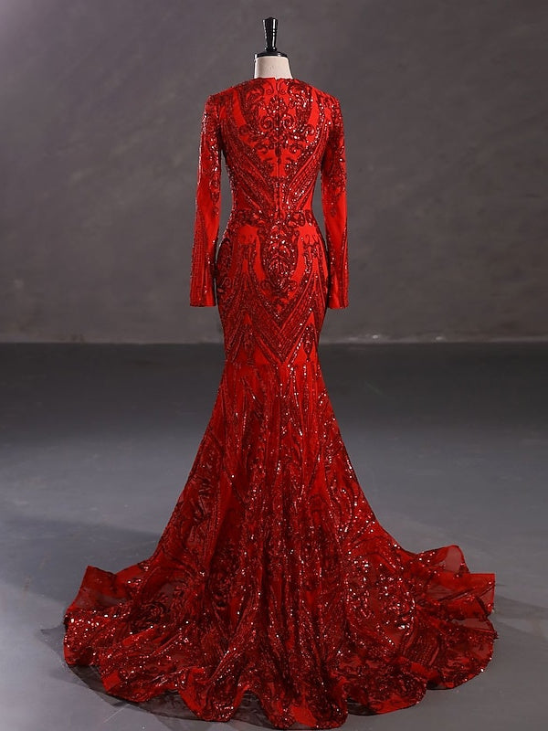Evening Dresses with Sequin in Trumpet/Mermaid V-Neck Long Sleeves Floor-Length Style