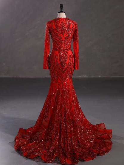 Evening Dresses with Sequin in Trumpet/Mermaid V-Neck Long Sleeves Floor-Length Style