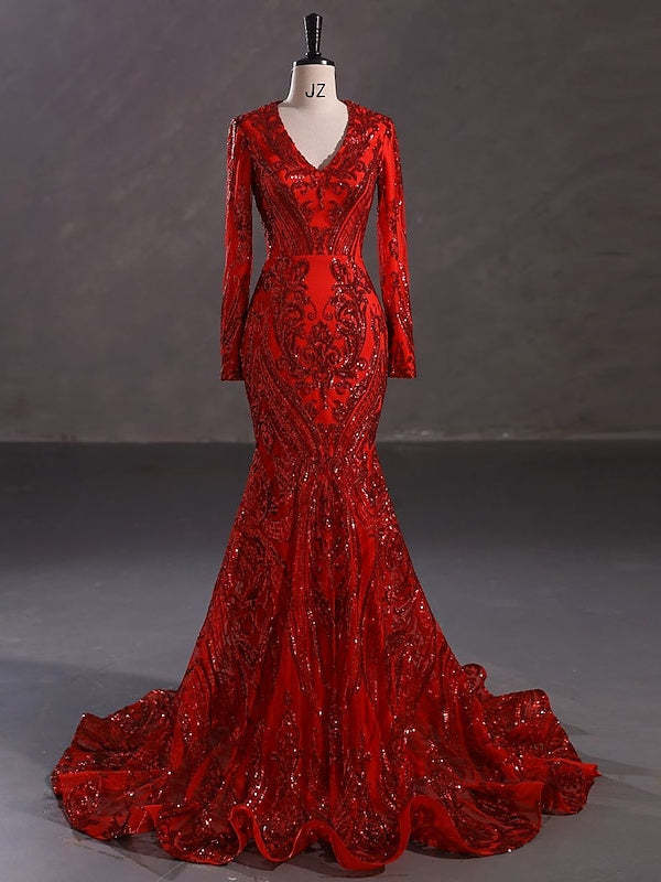 Evening Dresses with Sequin in Trumpet/Mermaid V-Neck Long Sleeves Floor-Length Style