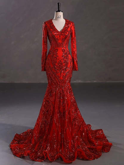 Evening Dresses with Sequin in Trumpet/Mermaid V-Neck Long Sleeves Floor-Length Style