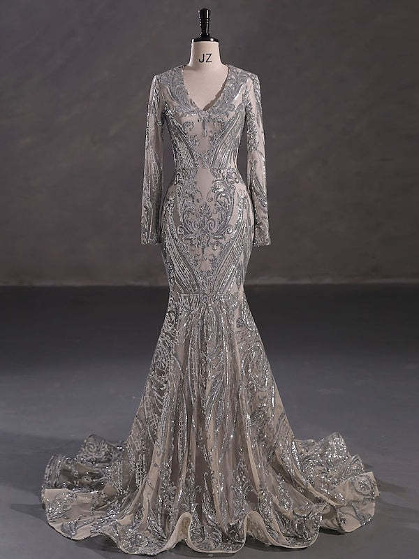 Evening Dresses with Sequin in Trumpet/Mermaid V-Neck Long Sleeves Floor-Length Style