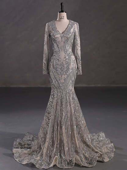 Evening Dresses with Sequin in Trumpet/Mermaid V-Neck Long Sleeves Floor-Length Style