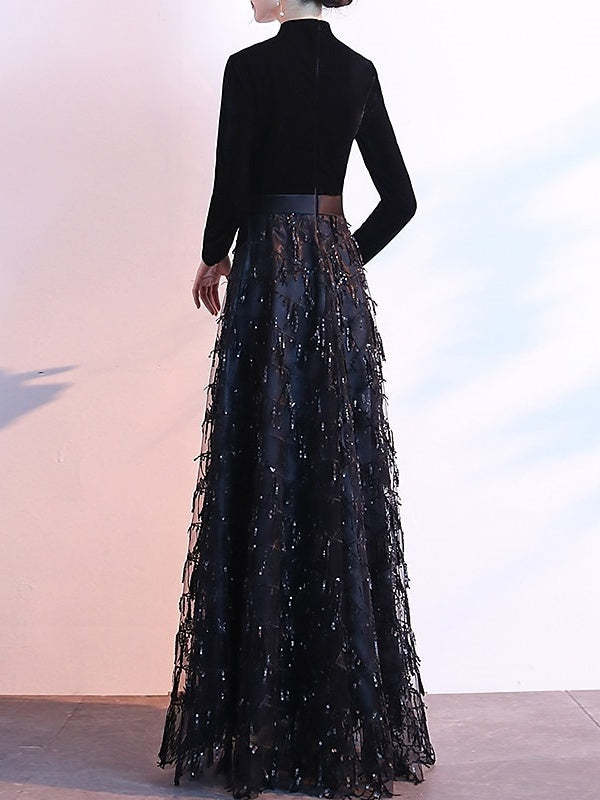 Queen Anne Floor-Length Velvet Evening Dresses with Sequin & Sash in A-Line/Princess Style