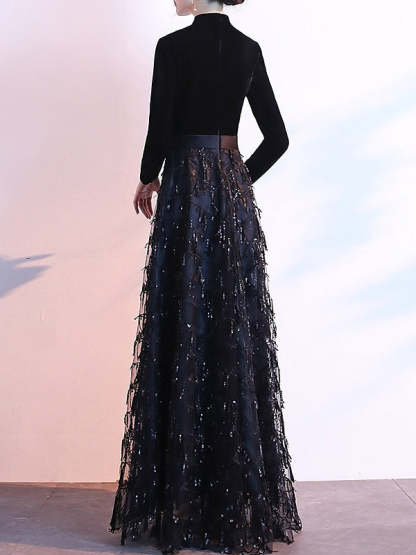 Queen Anne Floor-Length Velvet Evening Dresses with Sequin & Sash in A-Line/Princess Style