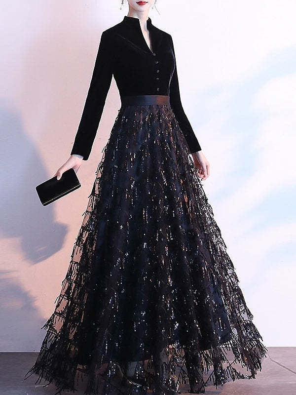 Queen Anne Floor-Length Velvet Evening Dresses with Sequin & Sash in A-Line/Princess Style