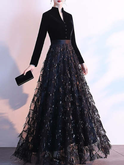 Queen Anne Floor-Length Velvet Evening Dresses with Sequin & Sash in A-Line/Princess Style