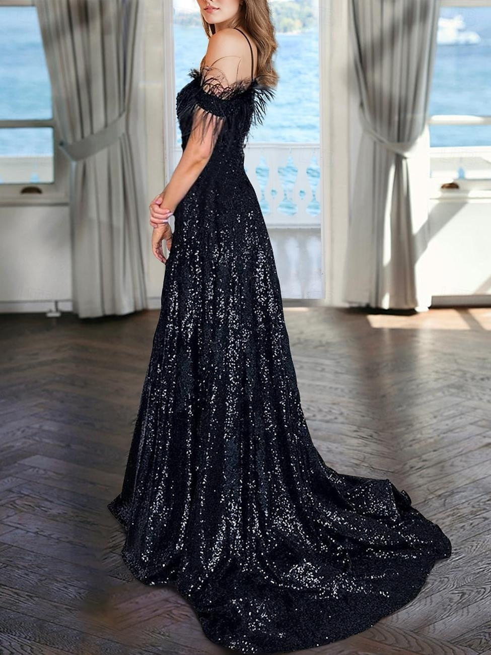 V-Neck Sleeveless A-Line Princess Floor-length Evening Dresses with Sequins and Pearls