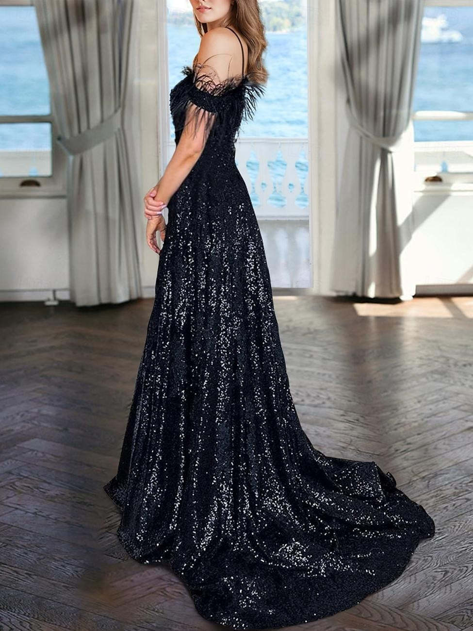 V-Neck Sleeveless A-Line Princess Floor-length Evening Dresses with Sequins and Pearls
