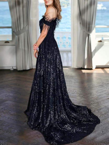 V-Neck Sleeveless A-Line Princess Floor-length Evening Dresses with Sequins and Pearls