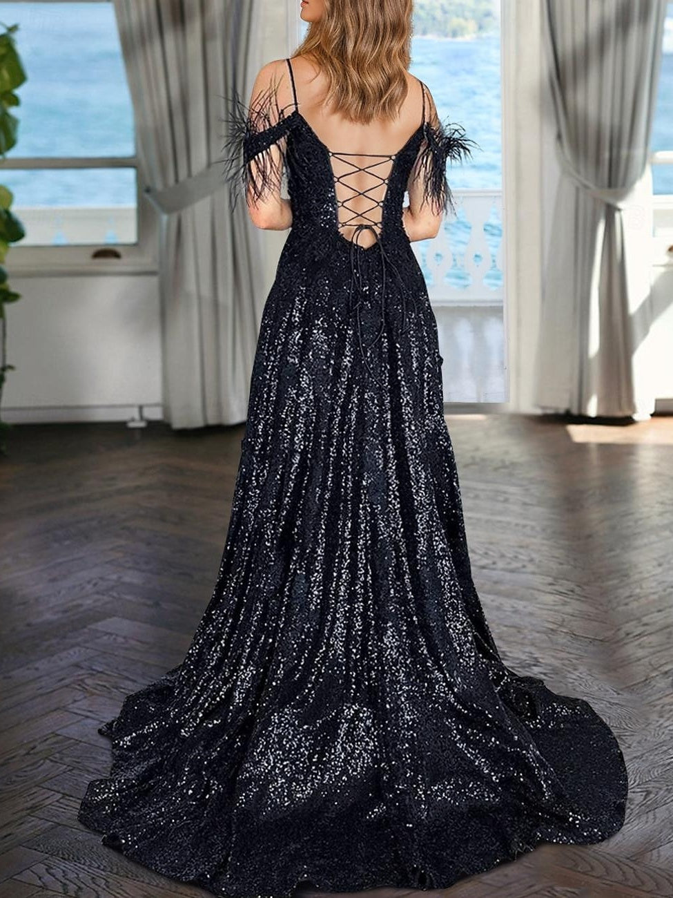 V-Neck Sleeveless A-Line Princess Floor-length Evening Dresses with Sequins and Pearls